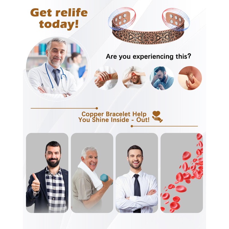 Jeracol Coppr Bracelet for men,99% Solid Pure Copper Magnetic Bracelet