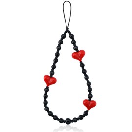 ShunShih Phone Charm with Love Heart Beaded, Universal Phone Strap, Handmade phone charms strap for Women Girls, Red Heart-Black