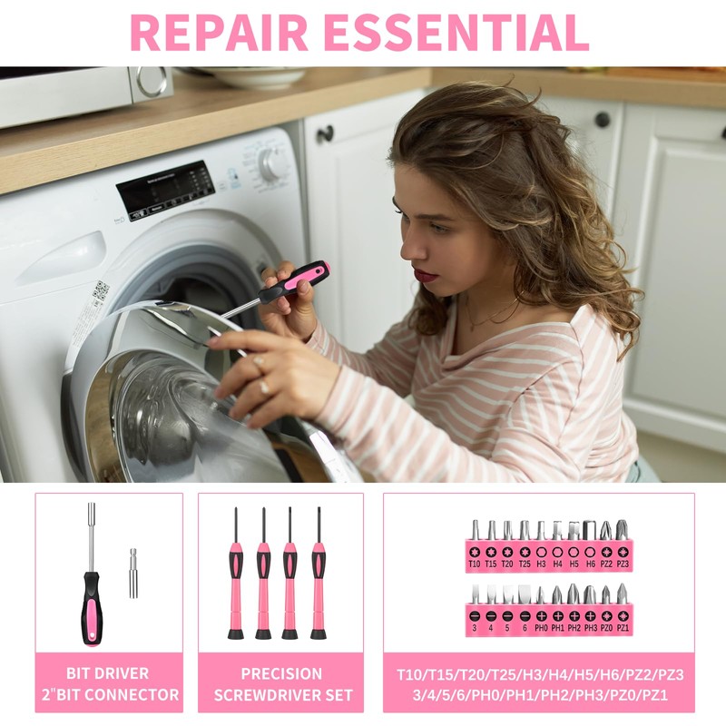 39 Piece All Purpose Basic Household Pink Tool Kit for