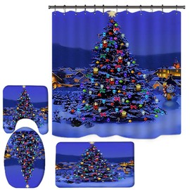 SUNGFINE 4 PCS Christmas Bathroom Decorations Set Toilet Seat Cover Rug Shower Curtain Sets Printed Christmas Tree Bathroom Décor (Type A2)