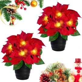 Sggvecsy 2 Pack Artificial Poinsettia Flowers Red Velvet 12inch Poinsettias Plant in Pot LED Lighted Faux Silk Potted Flower Arrangement Christmas Decorations for Home Indoor Outdoor Garden Xmas Gift
