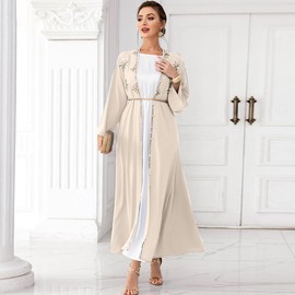 Abaya Dress for Women Muslim Open Front Cardigan Rhinestones Robe Arabs Kaftan Long Sleeve Maxi Belt Dress Party Dress Muslim Clothes for Women Traditional Arabic Cardigan Champagne Cardigan XXL