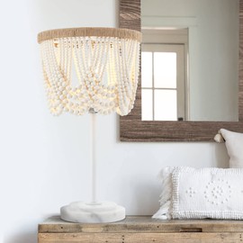 VILUXY Bohemia Wood Beaded Table Lamp Antique Rustic Bedside Nightstand Lamp White Finishing for Bedroom, Nursery Room, Girl Room, Hallway, Entryway, Passway, Dining Room