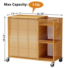 WOWLIVE Laundry Hamper with Wheels, Handwoven Laundry Basket with Lid, Shelves, Rolling Clothes Hamper with Removable Liner Bag, 110L Large Laundry Sorter Laundry Room Organization, Natural