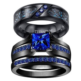 TWO RINGS His Hers Wedding Ring Sets Couples Rings Women's Black Gold Plated Blue Sapphire CZ Wedding Engagement Ring Bridal Sets & Men's Titanium Wedding Band, women's size 9 & men's size 9, Paper, Cubic Zirconia
