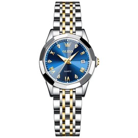 OLEVS Women Watch Fashion Dress Diamond Female Watches Waterproof Luminous Day 9931 - Color: Two Tone Strap - Blue Dial Gold Trim