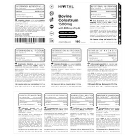 Colostrum 1500 mg. 180 Kapseln für 2 Monate. 100% Natürliches Rinderkolostrum von Kühen aus Weidehaltung mit 600 mg (40%) aktivem Immunglobulin G (IgG). Reich an Aminosäuren. Hergestellt von HIVITAL