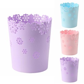 YEMIANJU Simple Cute Wastebasket Hollow Flower Shape Plastic Lidless Wastepaper Baskets Trash Can 2.6 Gallons Bathroom Garbage can (Purple, L)