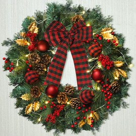 Christmas Wreaths with Lights,Green Christmas Door Wreath with Pine Branch,Christmas Ball Ornaments,Bows,Pine Cones,Berry for Christmas Indoor and Outdoor Decoration