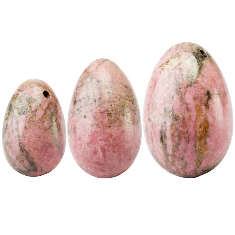 Rockcloud Rhodonite Set of 3 Drilled Yoni Eggs with String,