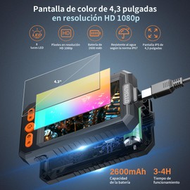 Ruycllo Endoscope Camera with Light 4.3 Inch IPS Screen - 1080P HD Inspection Camera with 8 mm Camera & 8 LEDs, IP67 Waterproof Endoscope with 5 m Semi-Rigid Cable for Car Piping Household Industry