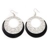 Black Enamel Cut Out Hoop Earrings in Silver Tone/75mm Drop
