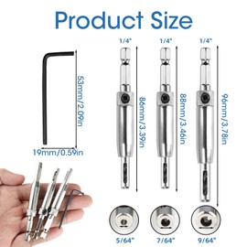 3 Pcs Self Centering Drill Bit Set High Speed Steel Centre Drilling Bits Change Door Hinge Pilot Centre Drill Bit 1/4" Hex Shank Pilot Hole Drill Bit for Window Cabinet Woodworking,5/64", 7/64", 9/64"