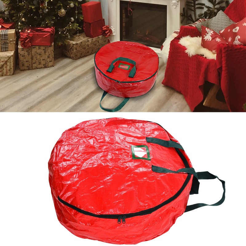 Christmas Wreath Storage Bag PE Woven Fabric Dustproof Round Red