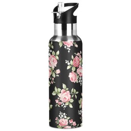 ALAZA Pink Rose Flower Floral Water Bottle with Straw Lid Vacuum Insulated Stainless Steel Thermo Flask Water Bottle 32oz