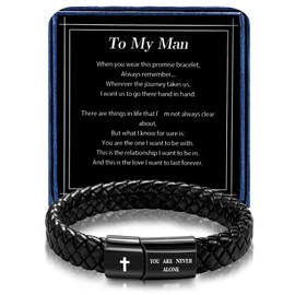 Alissl Christian Black Leather Bracelet Cuff Cross Christian Bracelet Gifts for Man Birthday Anniversary Christmas Gifts for Man