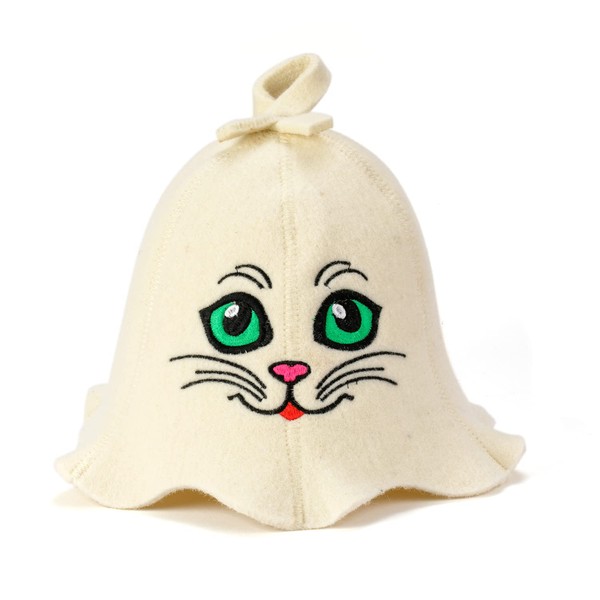 Natural Textile Sauna Hat 'Sauna Kitten' White - 100% Organic Wool Felt Hats for Russian Banya - Protect Your Head from Heat - English Sauna eBook Guide Included - with Embroidery