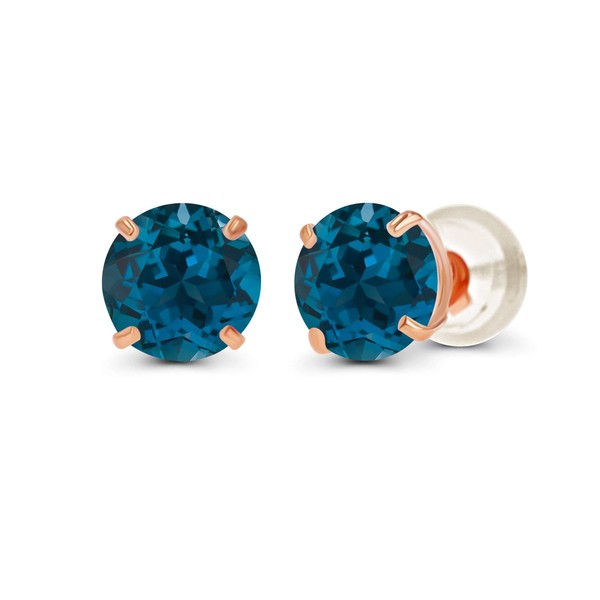 14K Solid Rose Gold 4mm Round Natural London Blue Topaz