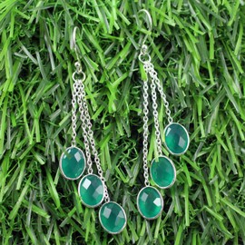 Silver Palace 925 Sterling Silver Natural Gemstone Drop Dangle Earrings for Women, Metal Gemstone, green onyx-cut