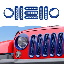 RT-TCZ Front Grille Mesh Inserts Headlight Cover Clip-in Grill Bezels Trim Decoration Exterior Accessories Compatible with Jeep Wrangler JK JKU 2007-2017,Blue