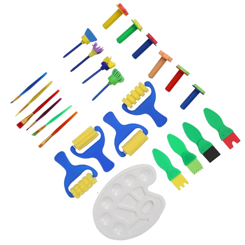 25Pcs Sponge Paint Brush Set Stamp Palette Kit Kids Graffiti