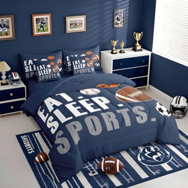 Feelyou Sports Comforter Set 7 Pieces Twin Size Boys Bedding Set Kids Football Basketball Baseball Soccer Bed in A Bag with Sheets, Pillow Covers, Pillowcases, Navy Blue Sports Game Comforter
