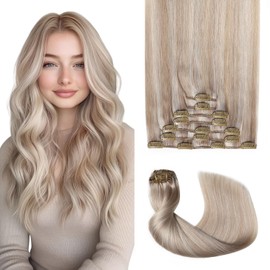 Sweetmet Pro2.0 Remy Real Human Hair Extensions Clip ins 120g Thick 7pcs #18p1000 Ash Blonde with Bleach Blonde Remy Clip in Hair Extensions Real Human Hair 16inch Double Weft（#18P1000-16inch）