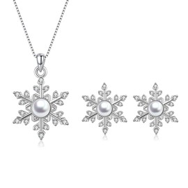 Kamise Xmas Women's Jewellery Sets, 925 Sterling Silver Snowflake Pendant Necklace & Stud Earrings with Pearl Zirconia, Silver Christmas Jewellery Set for Winter Christmas Party Birthday with Gift Box