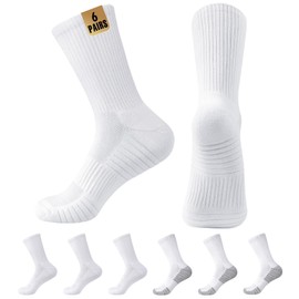 MUQU Mens White Crew Socks - Cushioned Sports Athletic Socks For Walking Hiking Running 6 Pairs
