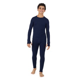 Cuddl Duds Boys Fleece-Lined Thermal Underwear 2-Piece Set - Kids Long Sleeve Top and Leggings Long Johns - UV Protection 50+ Peacoat Navy - Small