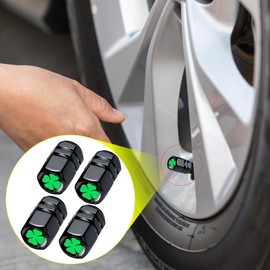 Dust Caps for Car and Bike Tyre Valves – Universal Tire Valve Stem Caps with O-Ring Seal – Durable Anodized Aluminum Valve Stem Covers, Four Leaf Clover Pattern, 4pcs Black Replacement Caps