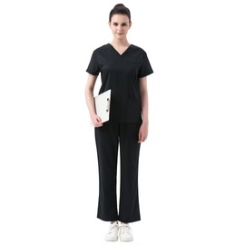 Leaddol Scrubs for Women Set V-Neck Scrub Top & Cargo Pants Nursing Medical Uniform Stretch Workwear with Multi Pockets for Athletic Yoga Black S