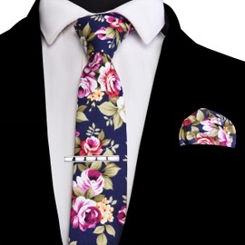 GUSLESON Fashion - Juego de corbata de algodón con estampado floral de 2.4 pulgadas (6 cm) + caja de regalo, Azul marino/rojo/marrón, Grande
