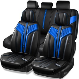 CAR PASS Nappa Leather Seat Covers, Breathable Waterproof Car Seat Covers Full Set, Luxury Leather Front and Back Seats Full Coverage, Universal Fit SUV Pick-up Truck Sedan Automotive(Black Blue)