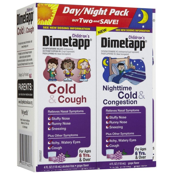 Children's Dimetapp Day & Night, Cold & Cough, Nighttime Cold & Congestion -Stuffy Nose, Runny Nose, Sneezing, Itchy & Watery Eyes, Cough -Alcohol-Free -Grape Flavor -Liquid Syrup-8oz total