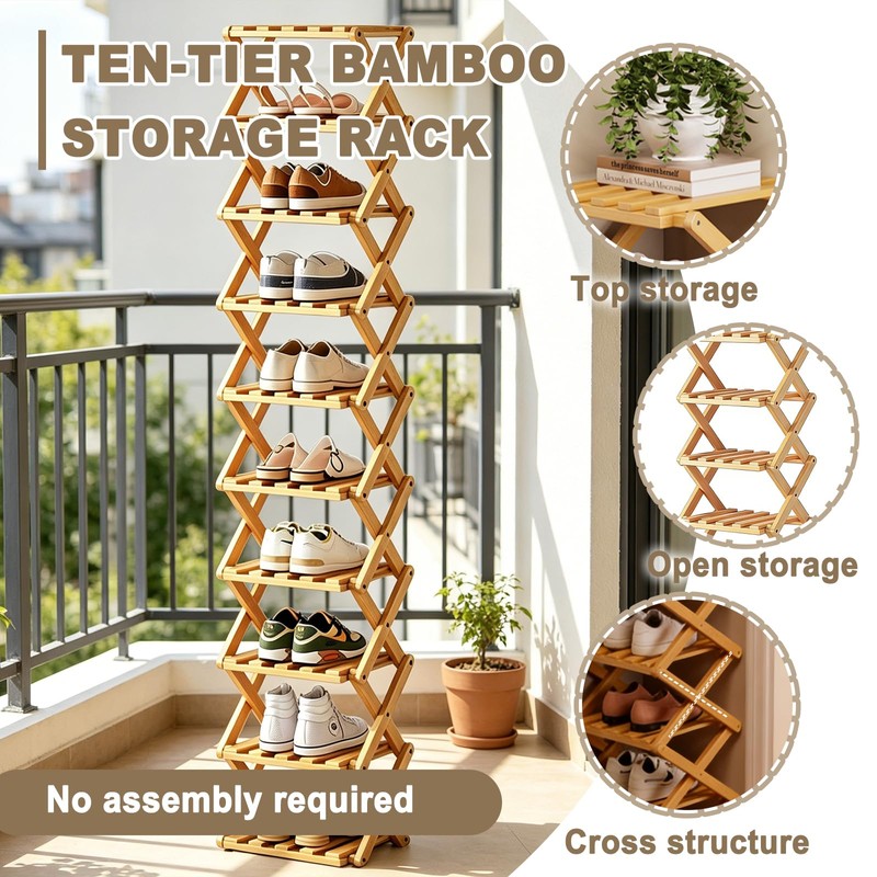 10 Tier Bamboo Shoe Rack, Foldable 10 Tier Bamboo Corner
