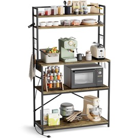 YESHOMY Kitchen Baker’s Rack with Power Outlet, 5-Tier Microwave Stand, Coffee Bar with 8 S-Shaped Hooks, Heavy Duty Storage Shelf Unit for Spices, Pots, Rustic Brown