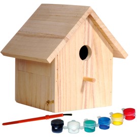 Dobar 22368FSC Decorative FSC-Certified Spruce Wood Bird House - Craft Set for Children to Build and Paint Themselves with Paintbrush, Sponge and Stencil
