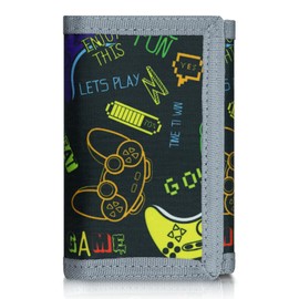 JONYEE Kids Wallet for Boys Ages 4-18, Novelty Trifold Wallet with Key Chain and Zipper Coin Pocket for Teens Children Girls Toddler, Canvas Wallet for Outdoors Sports Birthday Gifts-Gamepad Black