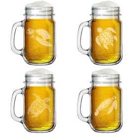 16oz Mason Jar Glass Mug w/Handle Gift Set of 4 Sea Turtle Collection