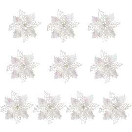 LEMCC 10PCS Artificial Poinsettia Christmas Flowers Decorations with Clips White Poinsettia Flowers Glitter Christmas Tree Ornaments for Xmas Wedding Party Wreath DIY