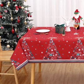 JOLLYTOP Christmas Tablecloth Xmas Table Decoration Waterproof Table Cloth with Tree Star, Home Party decorative Tablecover Washable,Dustproof Table Cover for Outdoor Indoor Kitchen,54x79 inches,Red