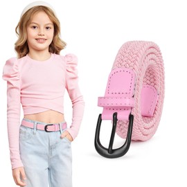 WHIPPY Children's Belt Braided Elastic Belt for Boys Girls Stretch Children's Belt Fabric Belt Woven Belt for Teenagers Juniors 2.5 cm Wide with Metal Buckle, F pink