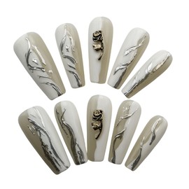 Handmade Press On Nails Medium Length Square, Hand Painted Reusable Gel UV Finished Pre Shaped False Nails for Women Heart Shaped Acrylic Diamond 10 Pcs/Set (White, One Size)