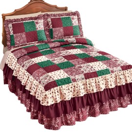 Collections Etc Patchwork Triple Ruffle Bedspread in Burgundy, Green and Beige