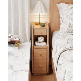 Narrow Nightstand with 3 Drawers,Solid Wood Small Nightstand Natural, Modern Small Bedside Tables for Bedroom(Fully Assembly)