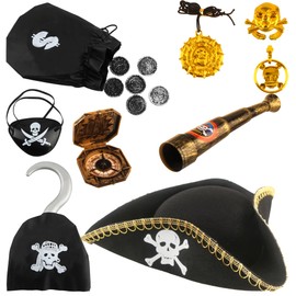 Flotory 9 Pcs Pirate Colonial Hat Black Tricorn Hat Eye Patch Pirate Accessories Colonial Revolutionary War Hat for Theme Role Play Party Cosplay