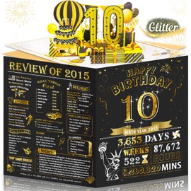 Aiunmiol 10th Birthday Card for Girl Boy Son Daughter, Big Pop Up 10th Birthday Cards for Grandson Granddaughter, Happy 10 Year Old Birthday Gifts Decorations, Review of 2015, Black Gold