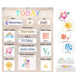 Daily Morning Board Circle Time Calendar Weather Seasons Positive Affirmations Letter Shape Number of the Day Pocket Chart,Toddler Preschool Calendar,Homeschool Morning Work Activity, Pastel Design