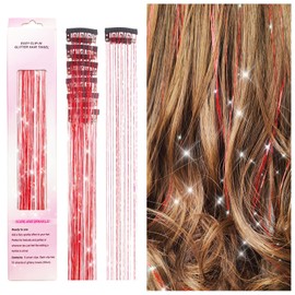 6 Pcs Clip in Hair Tinsel Kit, 20 Inch Glitter Fairy Hair Tinsel Extensions Shiny Hair Tensile Heat Resistant, Hair Accessories Sparkle Strands Kit, Festival Gift for Women Girls Kids (Red)